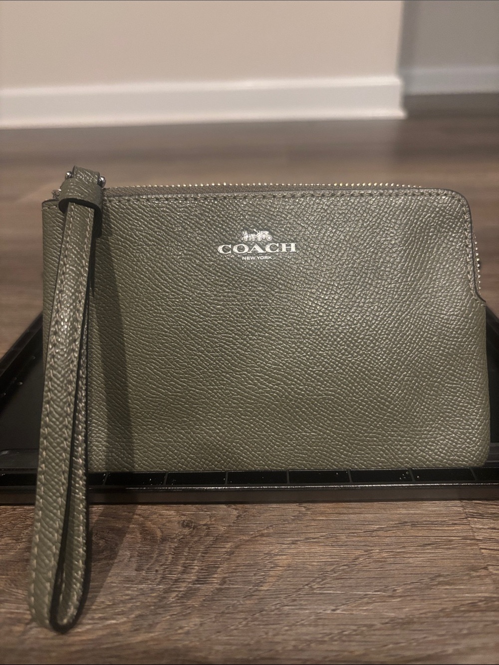 Coach Olive Green Pebbled Leather Wristlet with Silver Logo